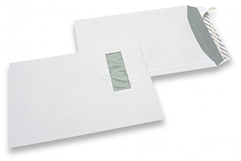 Ikkunalliset kirjekuoret, valkoinen, 220 x 312 mm (EA4), ikkuna vasemmalla 40 x 110 mm, ikkunan sijainti 20 mm vasemmalta ja 50 mm yläreunasta, 120 gramman paperi, tarrasuljenta, paino n. 18 g.