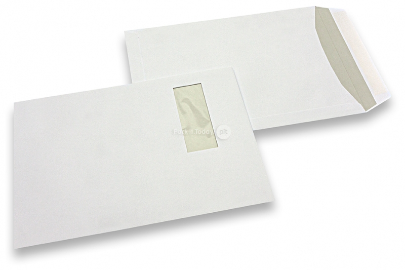 Ikkunalliset kirjekuoret, valkoinen, 220 x 312 mm (EA4), ikkuna vasemmalla 40 x 110 mm, ikkunan sijainti 20 mm vasemmalta ja 50 mm yläreunasta, 120 gramman paperi, liimasuljenta, paino n. 18 g.