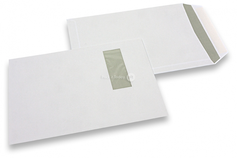Ikkunalliset kirjekuoret, valkoinen, 229 x 324 mm (C4), ikkuna vasemmalla 40 x 110 mm, ikkunan sijainti 20 mm vasemmalta ja 60 mm yläreunasta, 120 gramman paperi, liimasuljenta, paino n. 20 g.