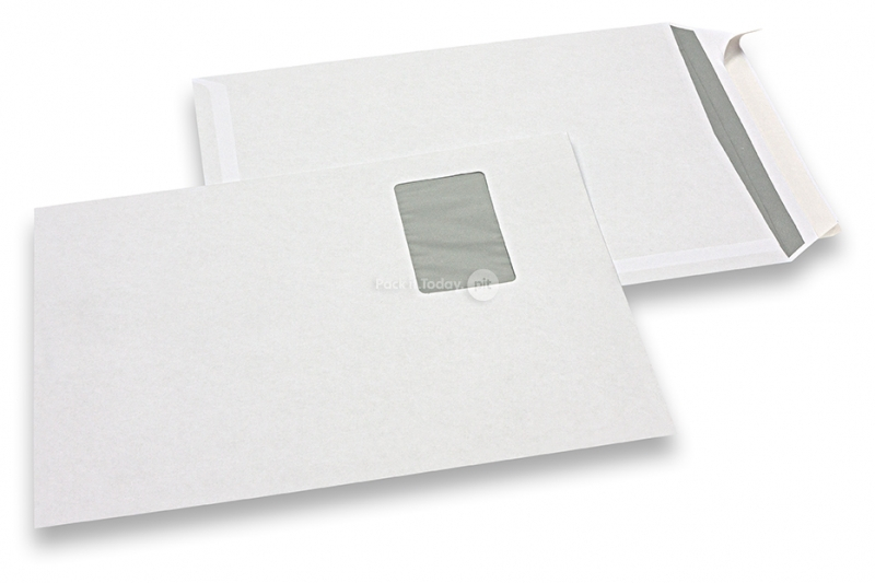 Ikkunalliset peruskirjekuoret, 229 x 324 mm, 100 gramman paperi, ikkuna vasemmalla 55 x 90 mm, ikkunan sijainti 20 mm vasemmalta ja 60 mm ylhäältä, tarrasuljenta