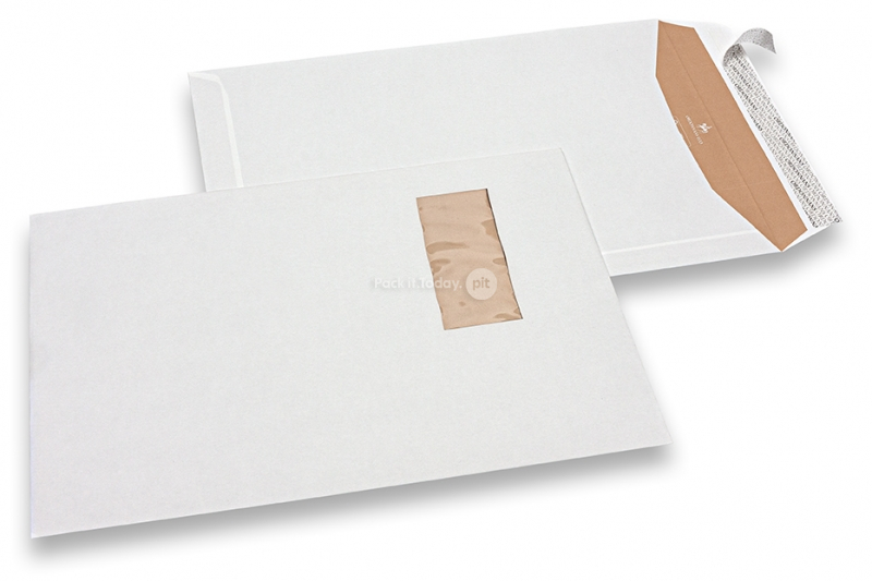 Ikkunalliset luonnonvalkoiset kirjekuoret, 229 x 324 mm (C4), ikkuna vasemmalla 40 x 110 mm, ikkunan sijainti 20 mm vasemmalta ja 60 mm ylhäältä, 120 gramman paperi, paino n. 20g.