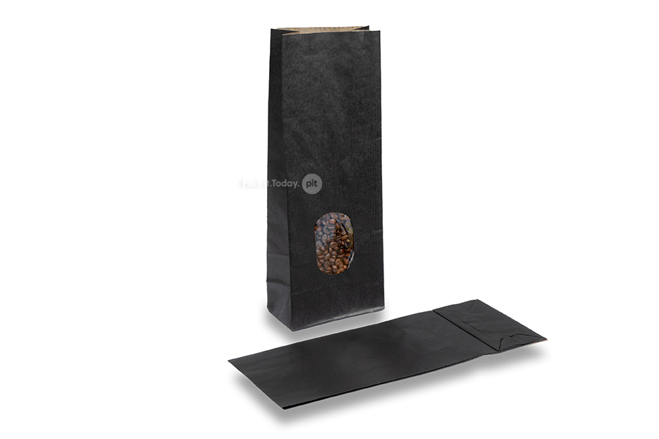 Paperipussi tasapohja musta - 105 x 65 x 298 mm ikkunalla, 500 ml