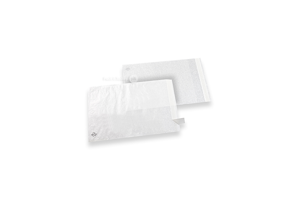Valkoiset glassiinipaperipussit tarrasuljennalla - 130 x 150 mm